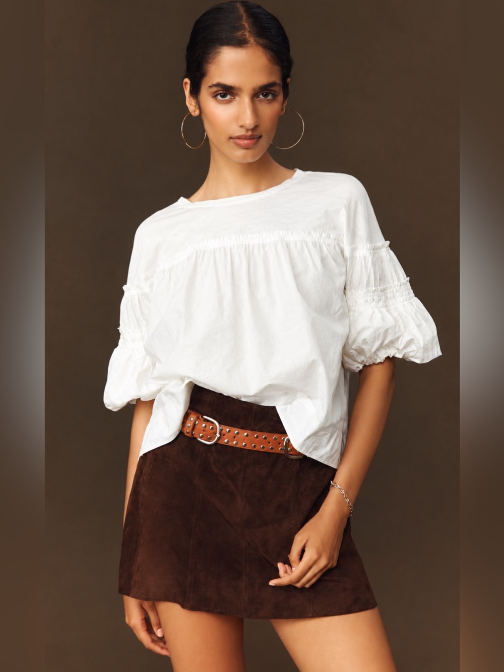 Pilcro Reworked Ruffle Sleeve Top White Cotton Puff Sleeve Mixed Media Blouse S - Picture 1 of 10